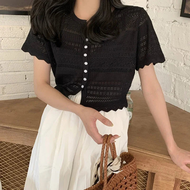 Chic Hollow Out Knitted T-Shirt Women 2026 Summer Button Up Short Sleeve Crop Tee Woman All Match Round Neck T Shirt Female