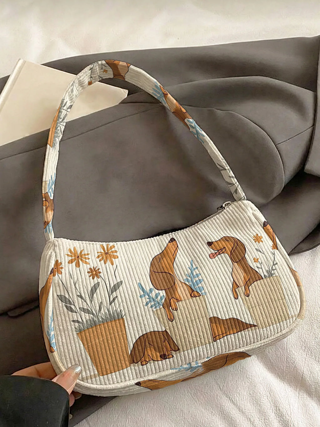Trendy Dachshund & Floral Print Shoulder Bag, Beige Corduroy Underarm Bag for Daily Casual Use