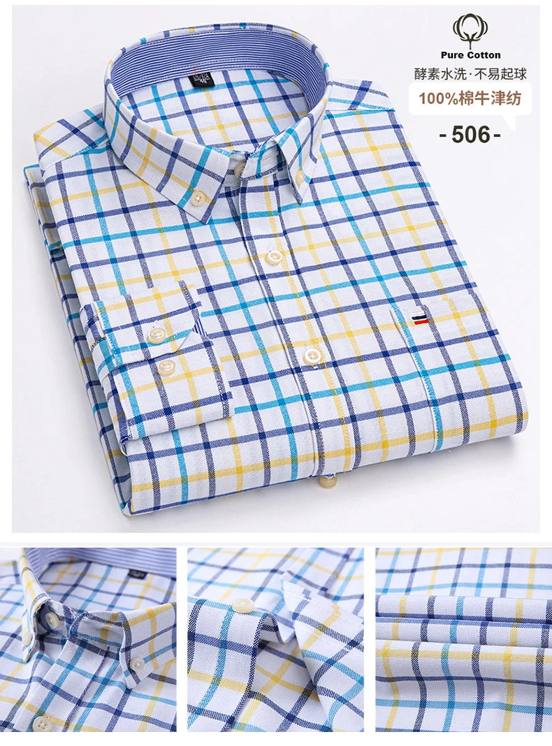 2024 Fashion Men Work Business Brand Shirt Mens Plaid Cotton Casual Dress Shirts Slim Fit Long Sleeve Button Down  Chemise Homme