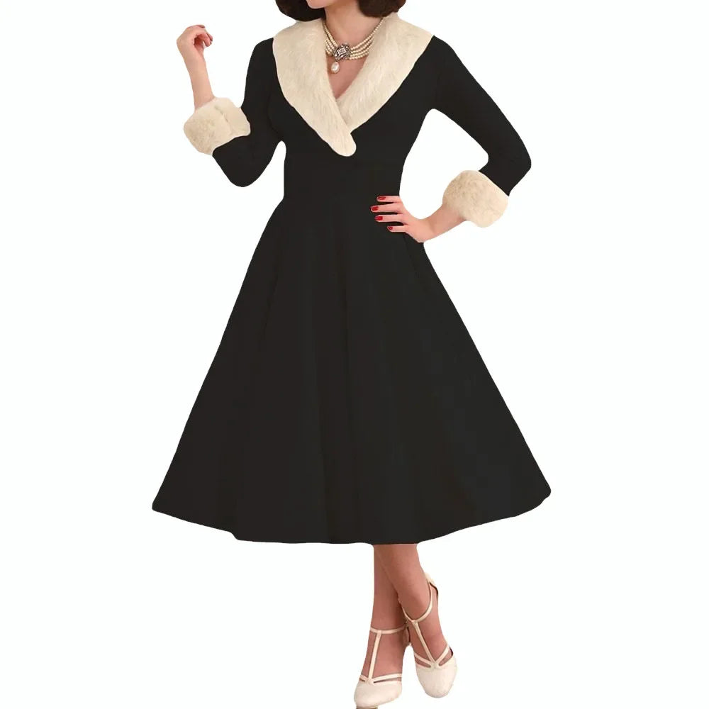 2024 Retro Temperamental Women Christmas Dresses Vintage V-Neck High Waist Long Dress Raw Edge Patchwork Large Swing Party Dress