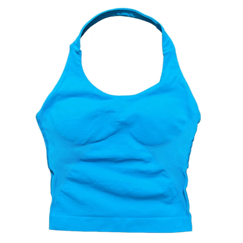 HISTELLO Sports Halter Top Seamless Women Sexy Yoga Clothing Backless Gym Tank Tops Push Up Workout Vest Running Fitness Bra Top