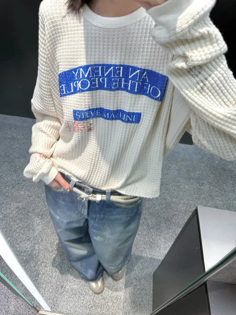 Streetwear Paly Waffle Long Sleeve T Shirt Men Woman High Quality Loose Casual Fashion All-match Crewneck New Top