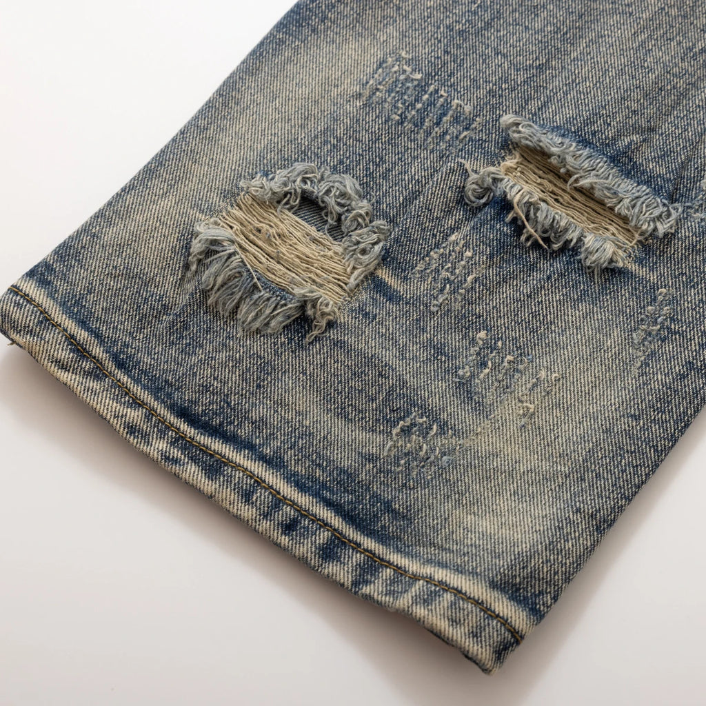Men's Vintage Washed Distressed Ripped Tapered Jeans Slim Fit Straight Leg Destroyed Denim Pants Streetwear Y2k Jean Trousers