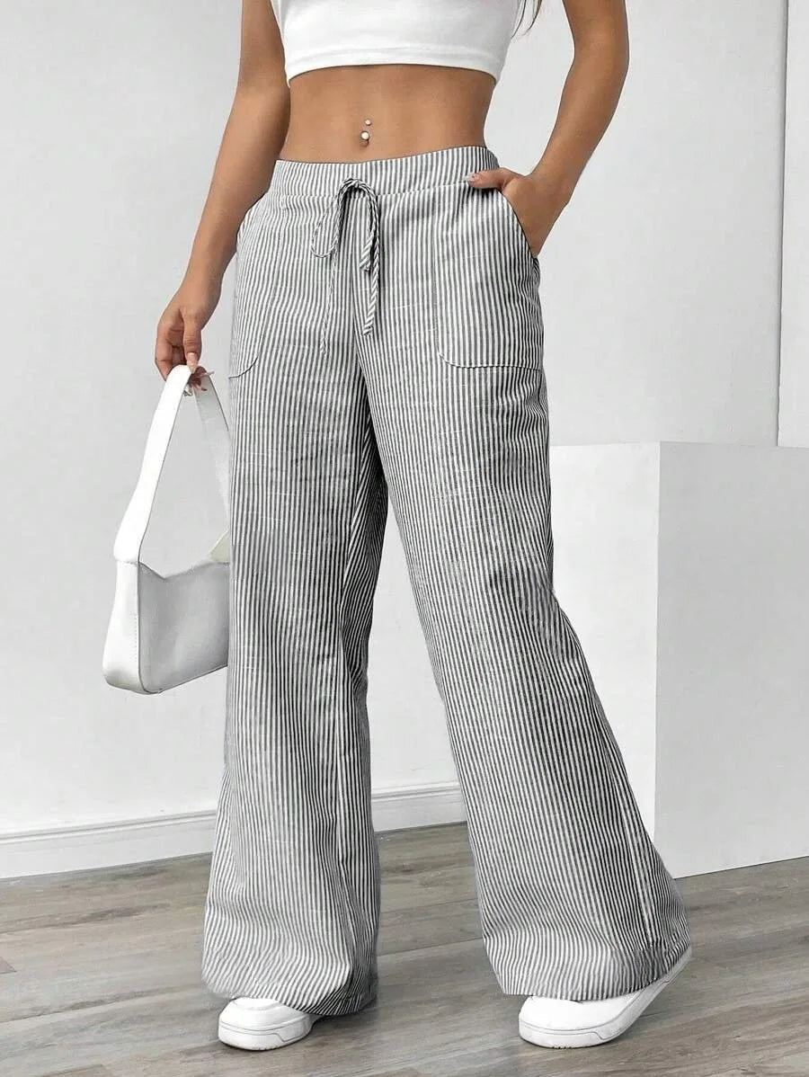 American Style Retro Vertical Stripe Drawstring Wide Leg Pants High Waist Dipping Loose Straight Casual Pants
