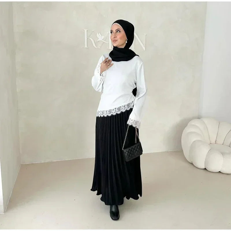 Elegant Satin Lace Patchwork Top Women Casual O-neck Loose Long Sleeves Strappy Female Shirt 2026 Spring Lady Fashion T-shirt