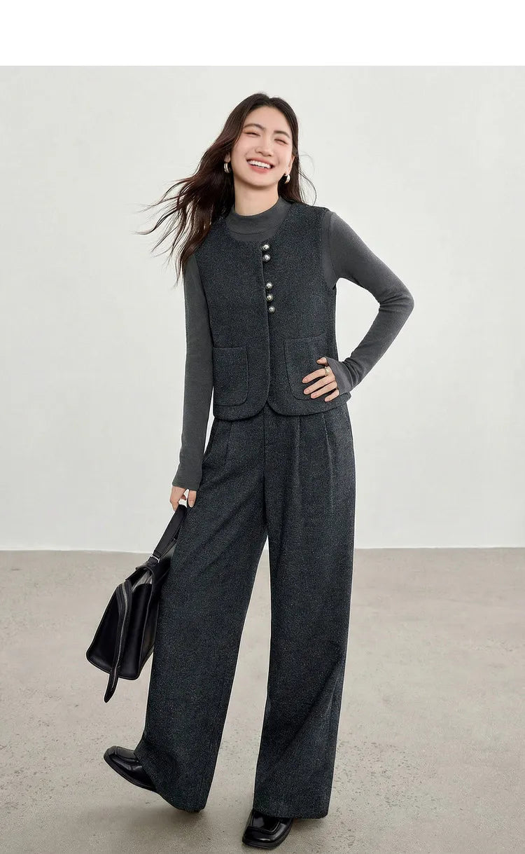 SENTUBILA Women's 2 Piece Pants Set 2026 New O Neck Waistcoat Straight Pant Winter Office Lady Wool Blend Female Suit 154ZA6093