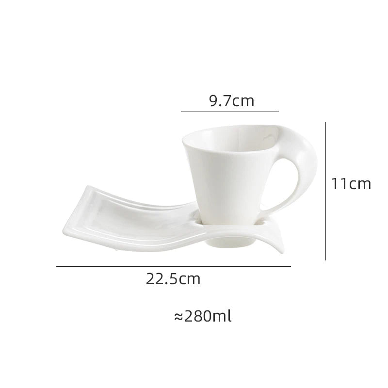 European Ceramic CoffeeCups Set with Wave Shape Plate 80 100 180 and 280ml Modern Minimalist White Cappuccino Latte Dessert Dish