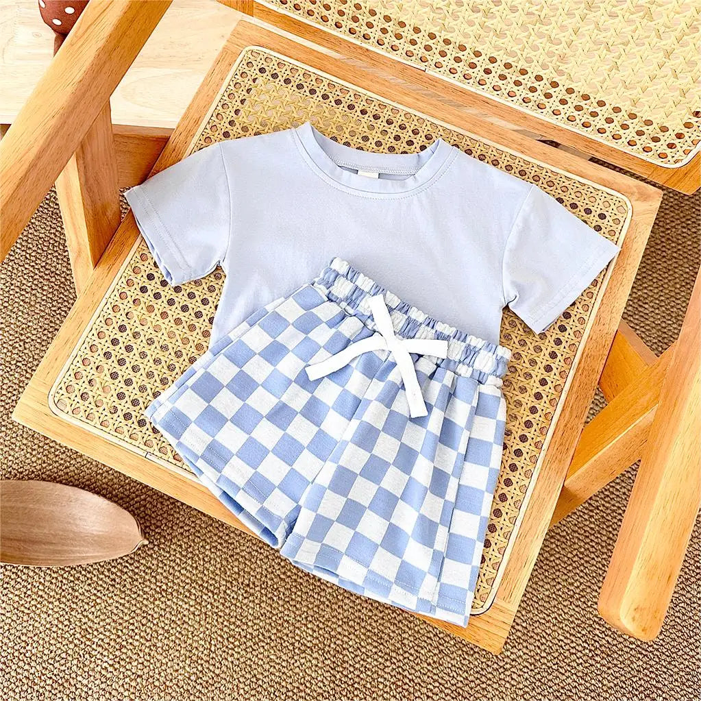 2PCS Kids Clothes Baby Boys Girls Solid Color Short Sleeve T-shirt Plaid Pattern Shorts Sets Baby Clothing Sets 0-3Y