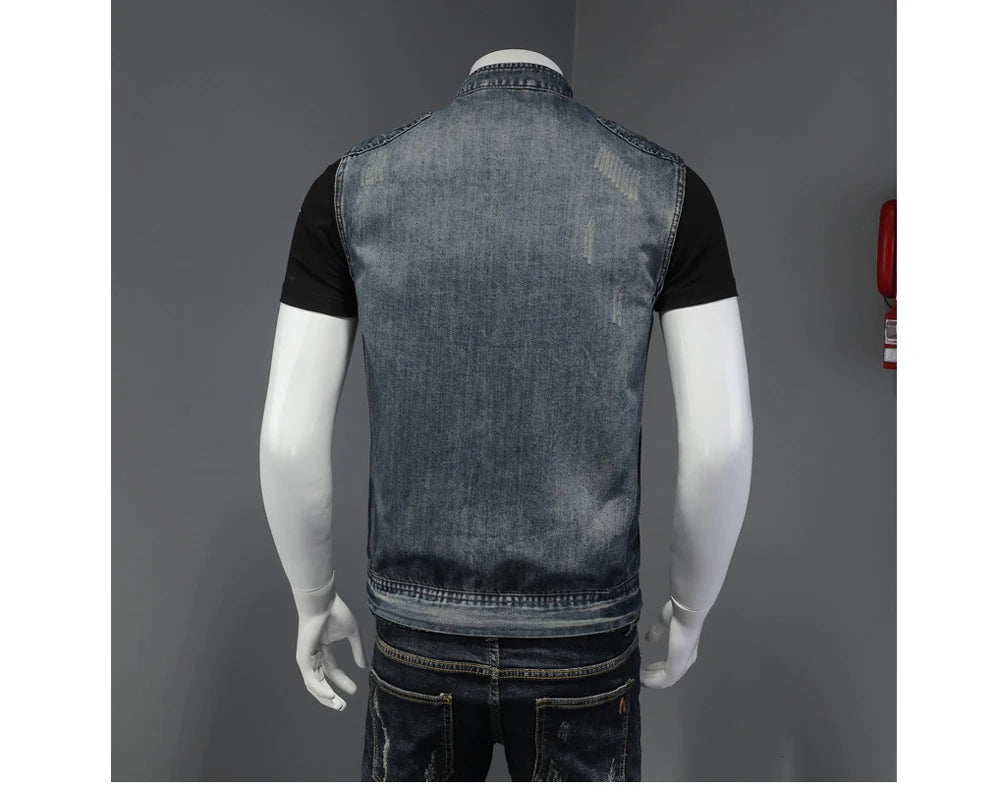 DIMUSI Mens Denim Vests Vintage Fashion Design Retor Sleeveless Jackets Men Streetwear Ripped Hole Punk Jean Waistcoats Clothing