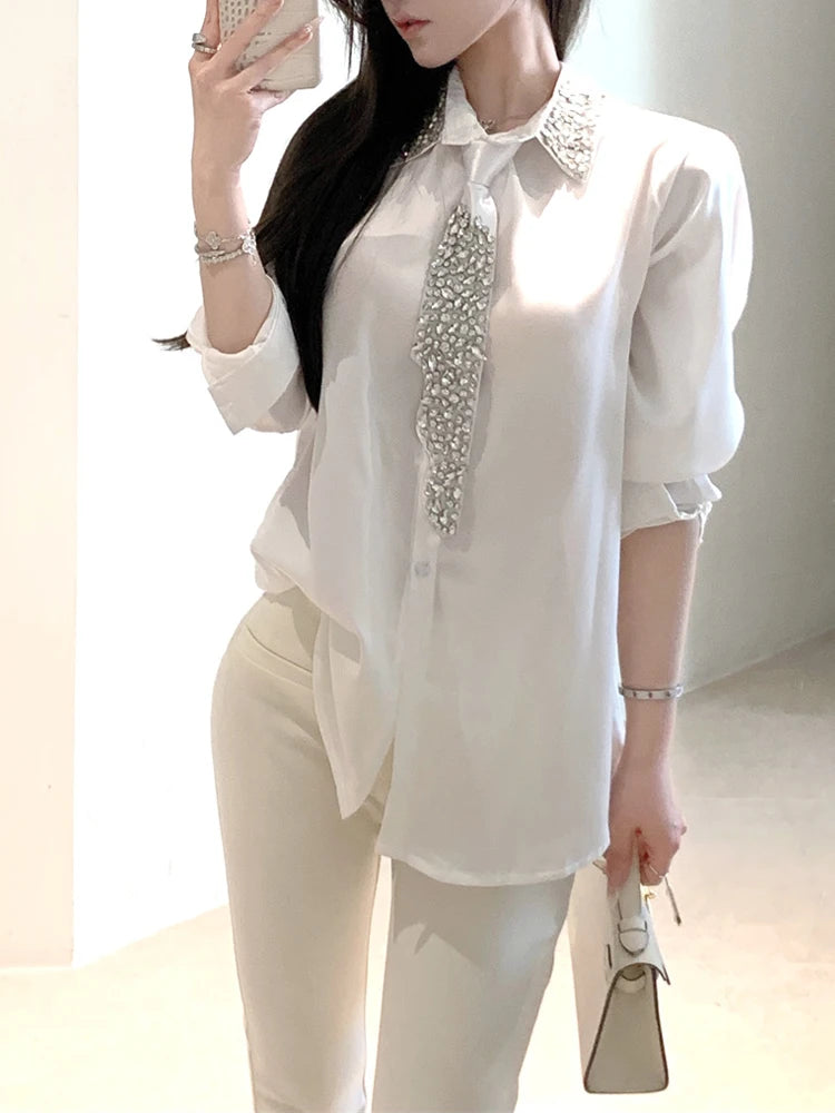 Luxury Rhinestone Turn down collar shirt for women 2025 New Shiny Satin Tie blouse Loose Black White Elegant Tops INKEO 5T031