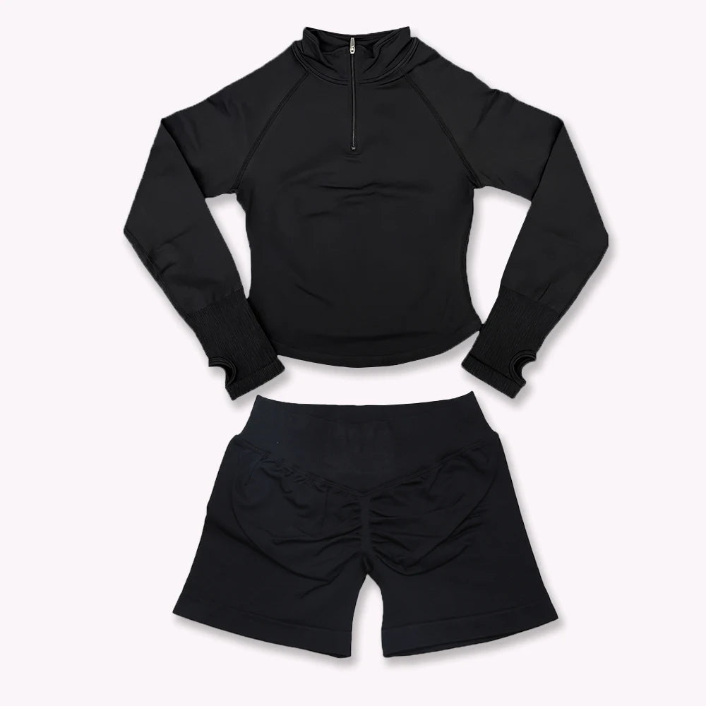 2026 2pcs Long Sleeve Yoga Set Women Half Zippy Jacket Longline Sports Top Gym Shorts Fitness Suits Running Coats Workout Set