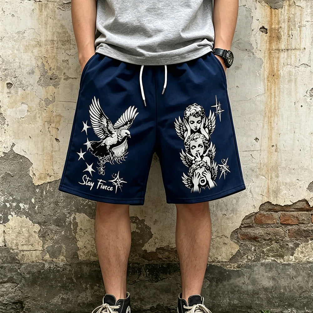 New European and American Men's Summer Little Angel Letter Print Comfortable Breathable Drawstring Shorts Outdoor Casual Pants