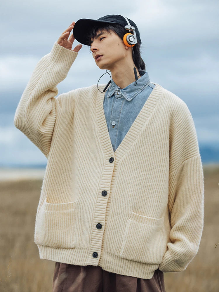 Autumn Men's Casual Textured Pockets Cardigan Y2K Vintage Streetwear V-neck Knitted Sweaters Korean Fashion Cardigans Hombre