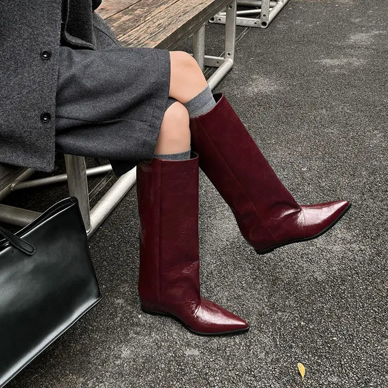 QUTAA 2025 News Women Knee High Boots Leather Wedge Heels Autumn Shoes Pointed Toe Woman Winter Party Lady Long Boots Size 34-40