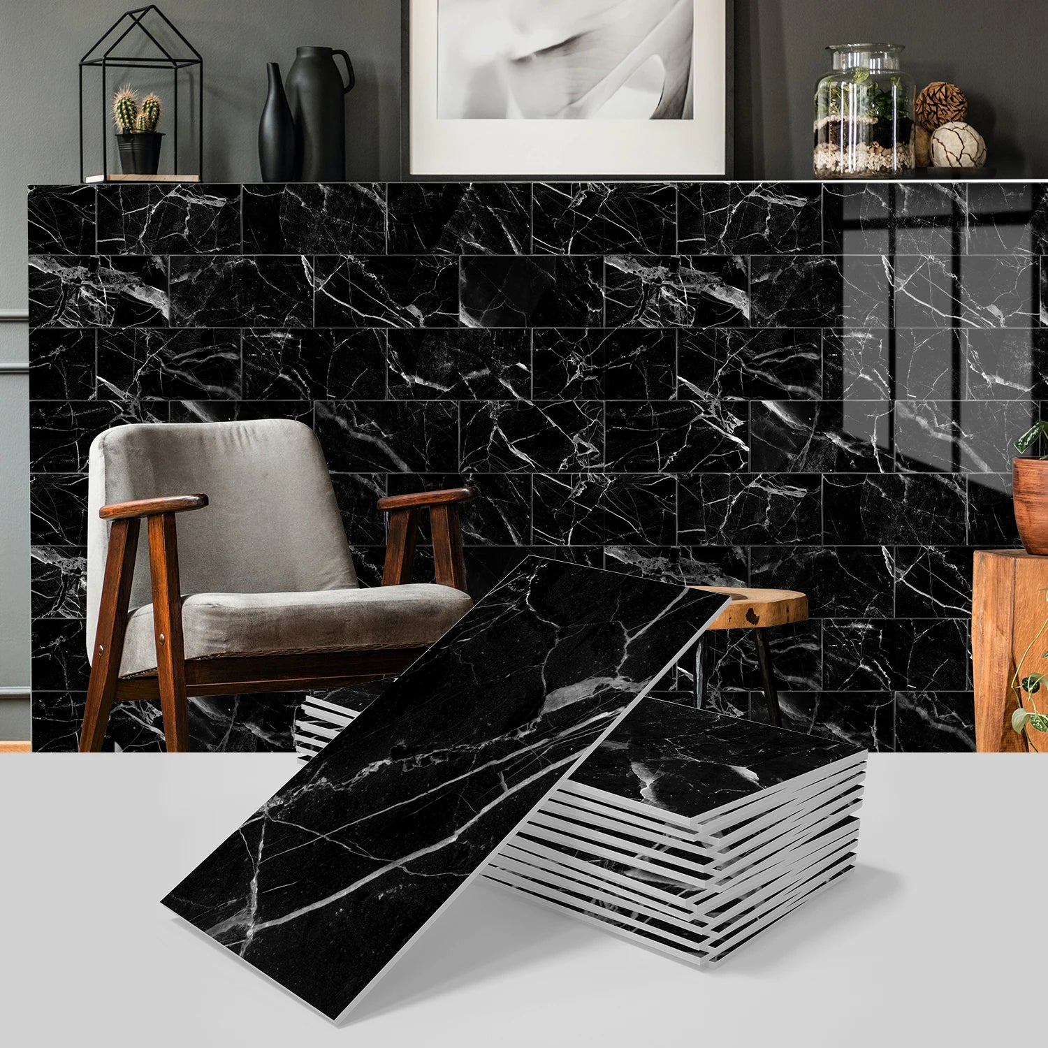 Marble Pattern Wall Sticker, 16/32/64pcs Peel & StickWall Decal, Waterproof Decorative Sticker For Home
