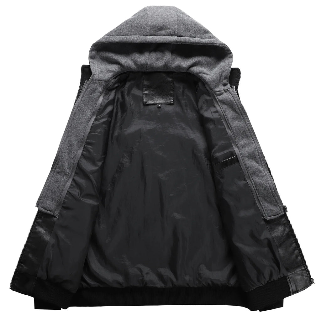Men Detachable Hood Motorcycle Leather Jackets Quality Male Streetwear Casual PU Leather Coats Two in One Jacket