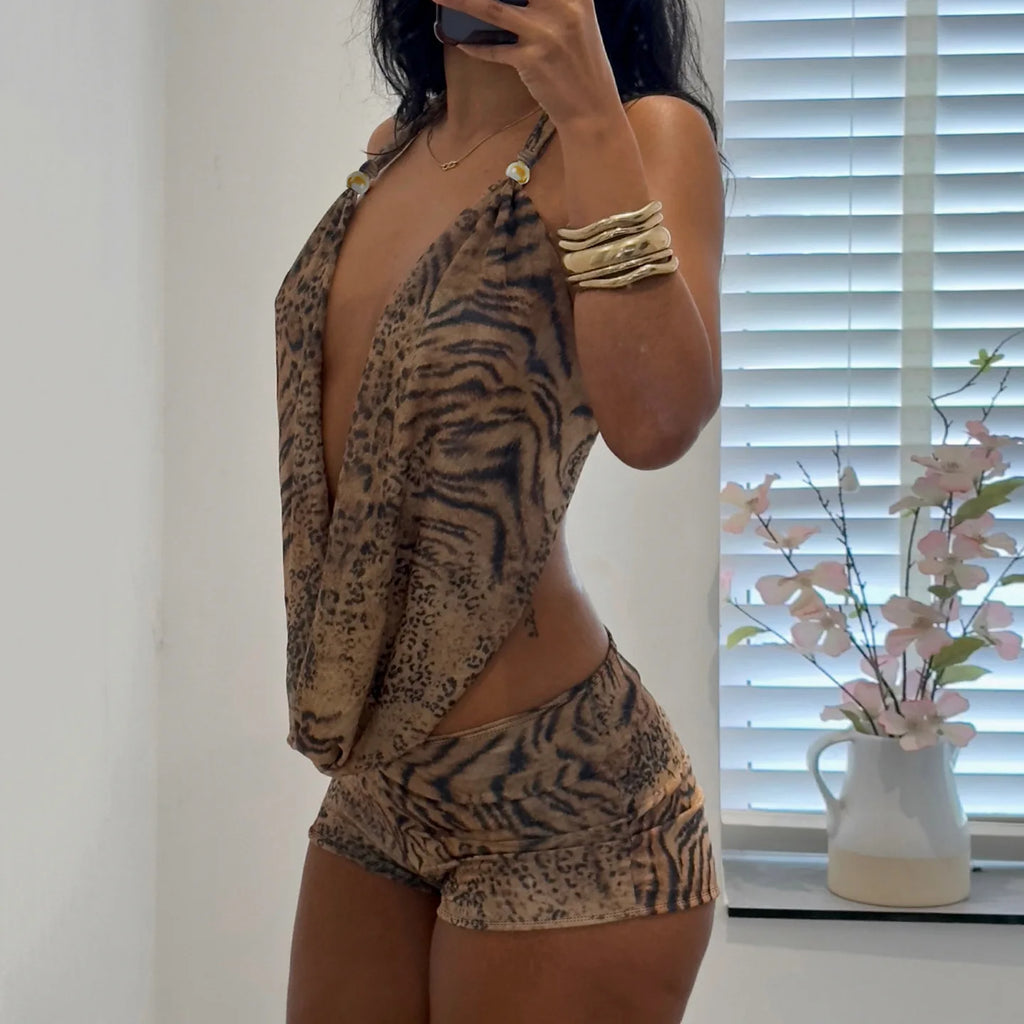 Woman's Leopard Print 2 Piece Set Outfit Halter Deep V-neck Backless Halter Top & Low-Rise Shorts Sexy 2pcs Summer Clothes 2026