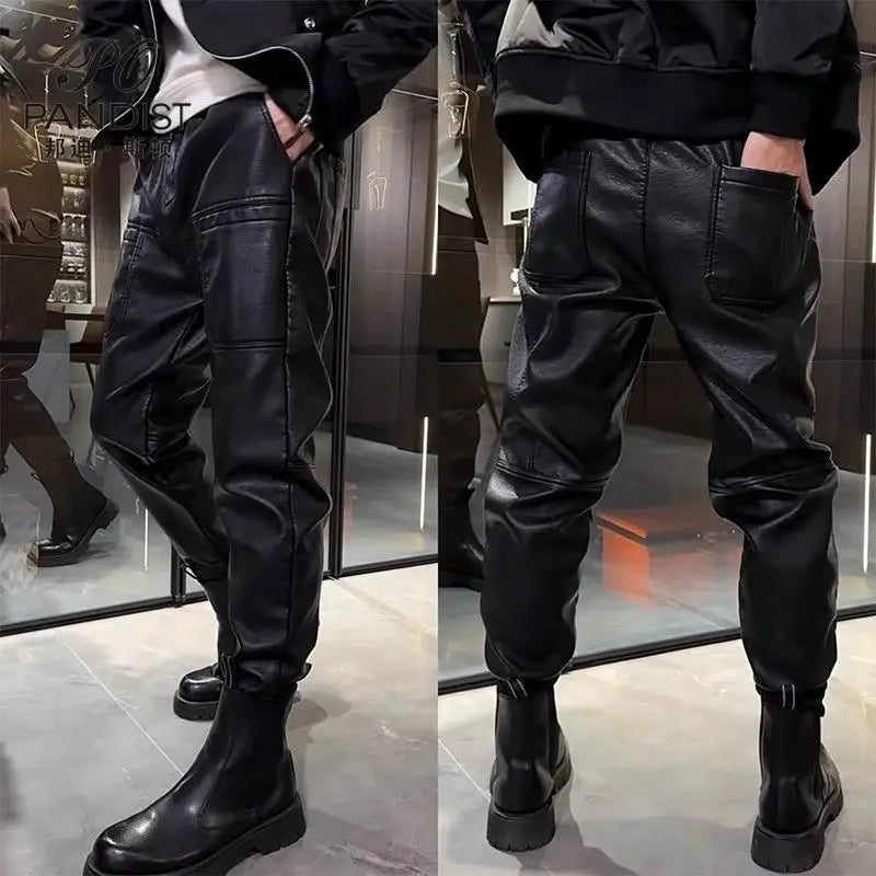 Fashion 2024 Men's Loose Elastic Waist Faux Leather Winter Pants Six Pockets Fleece Thcik Black Pu Punk Design Trousers Male
