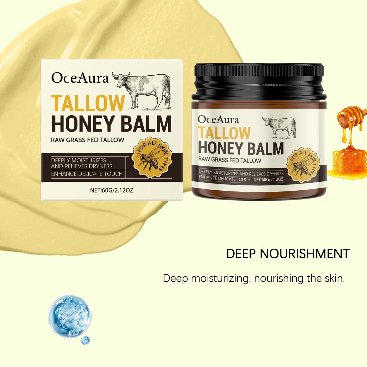 OCEAURA Organic Beef Tallow Honey Balm Lock Moisture Soften Rough Skin Smoother Texture Natural Formula Face Body Moisturizer