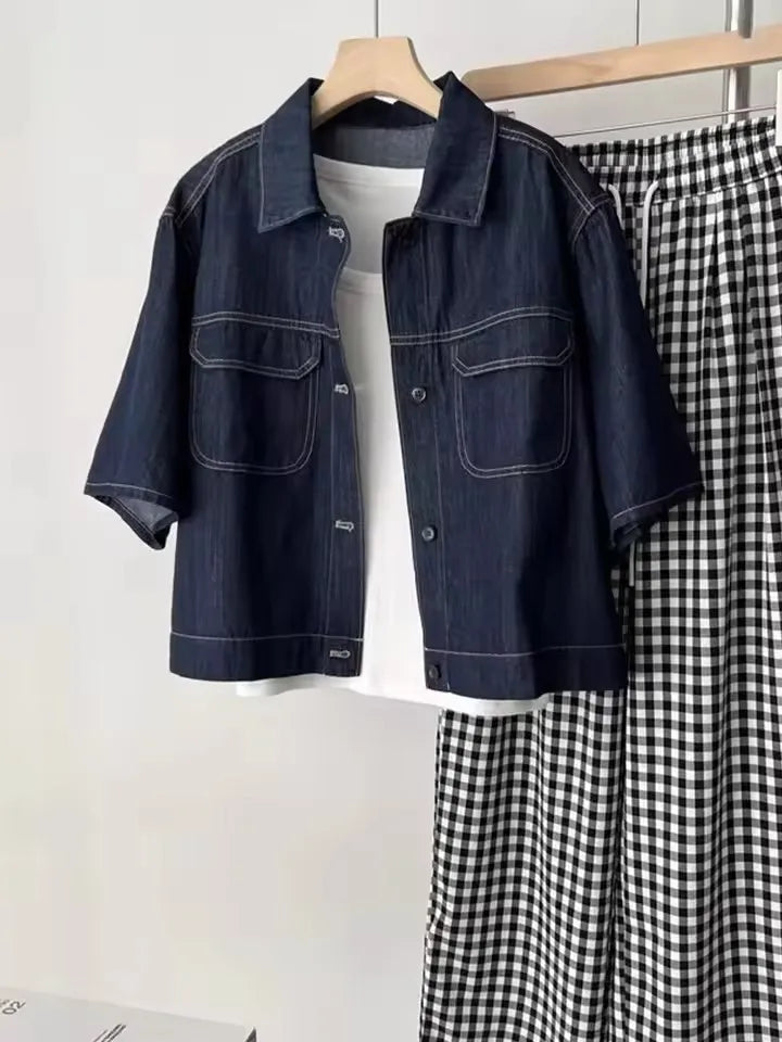 Retro Thin Casual Denim Short Sleeve Jacket Women 2025 Summer High-End Elegance Top Denim Shirt  Female