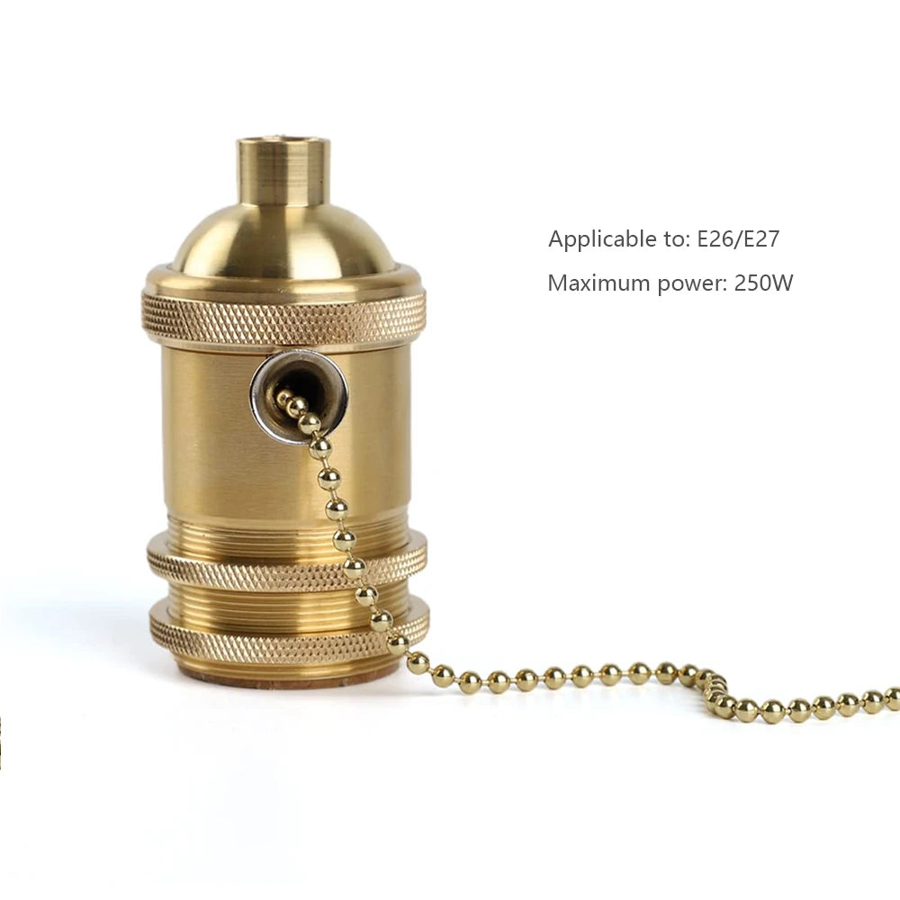 Vintage Antique Brass Lamp Holder with Pull Chain Switch, E27/E26 Socket for Ceiling Pendant/Floor/Table Lamps, Retro Metal Ring