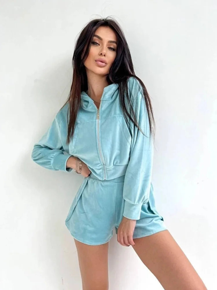 2025 Casual Women's Wear, Zipper Cardigan Long Sleeve Drawstring and Shorts Set, Hoodie Fashion Split Shorts Two-Piece Set