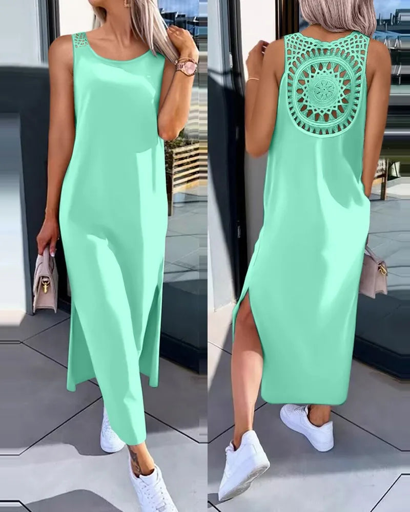 Summer Casual Temperament Fashionable Slim Fit Solid Color Round Neck A-line Skirt Lace Lace Lace Back Sleeveless Slit Dress
