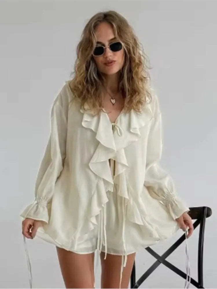New Casual Shorts Two-piece Set For Women Ruffled Loose Lace-up Top Simple Shorts Suit Office Ladies Summer Women's Shorts Suit