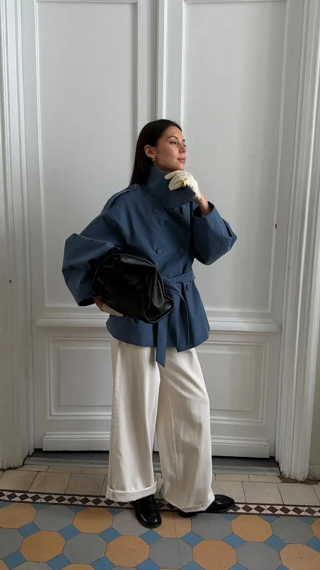 Women Double Breasted Casual Trench Coat Chic Stand Collar Full Sleeve Blue Lace-up Loose Windbreaker Lady Commute Coats 2026
