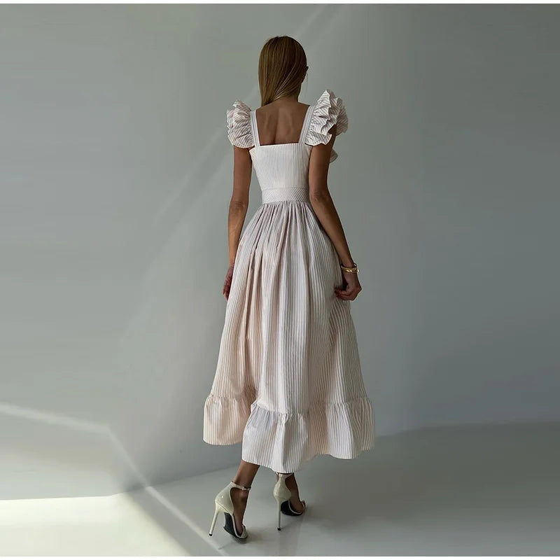 Fashionable Striped Ruffle Pleated Women's Dress Elegant Solid Square Neck Single Button Dresses Female Summer Chic Casual