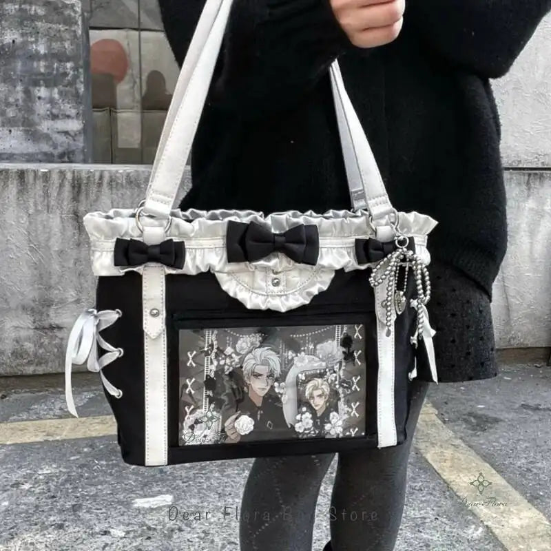 Japanese Sweet Women Ribbon Ita Bag Fashion Large Capacity Tote Bag Aesthetic Shoulder Bag Cute Lolita Girl Transparent Handbags