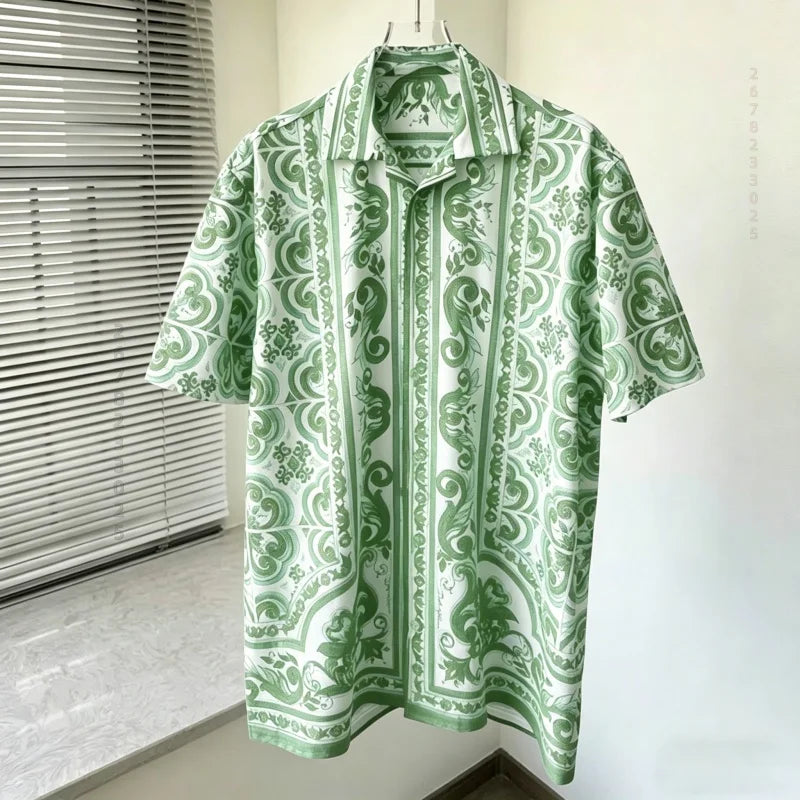 Men's shirts, summer Baroque printed shirts, loose oversized retro short sleeved shirts, vacation style versatile men's tops