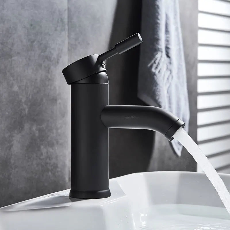 Matte Black Bathroom Faucet Minimalist Hot Cold Water Sink Mixer Tap Deck Mount Stainless Steel Basin Faucet Single Hole Tapware