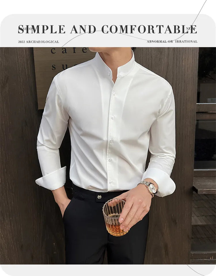 2026 Spring New Chinese Style High End Stand Up Collar Shirt Men's Long Sleeve Elastic Slimming Top Social Dress Shirt