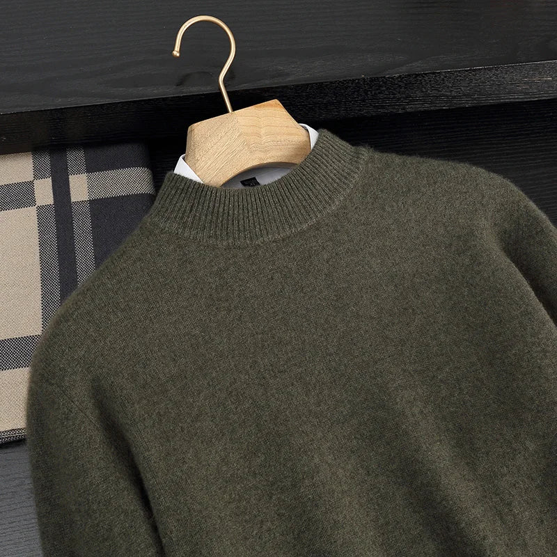 Autumn/Winter Men's 100% Cashmere Pullover Business Casual Solid Knitted Sweater Loose Half High Neck Tops Thick Warm Jumper