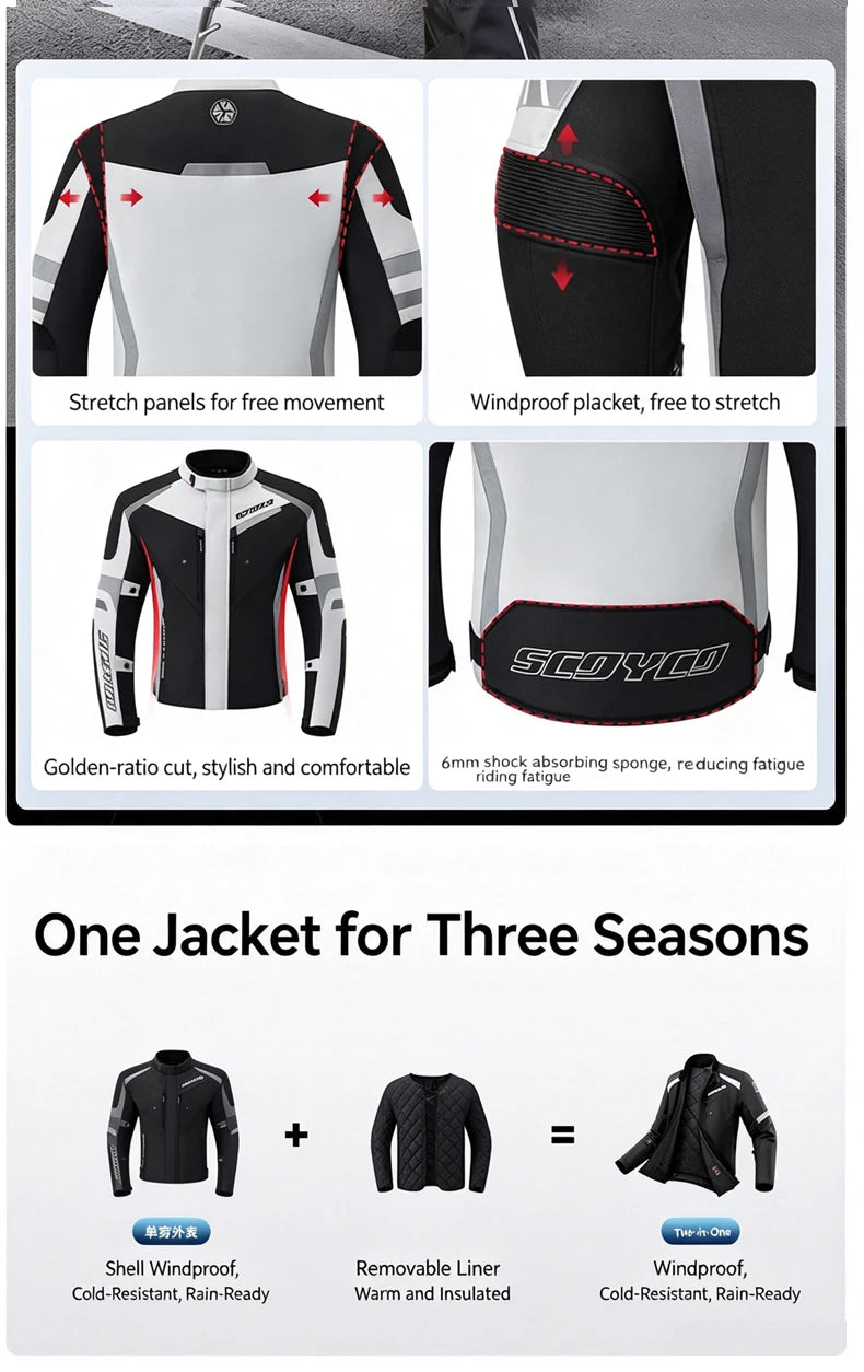 Scoyco Motorcycle Jacket Winter Waterproof Windproof CE1 Anti Fall Detachable Thermal Liner Reflective Motorbike Riding Jacket