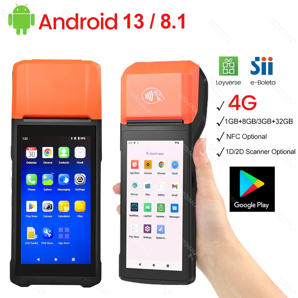 4G Android 13 / 8.1 Pos Terminal Wireless Handheld Printers 1D 2D Scanner Reader NFC Built-in 58mm Receipt Impressora Termica