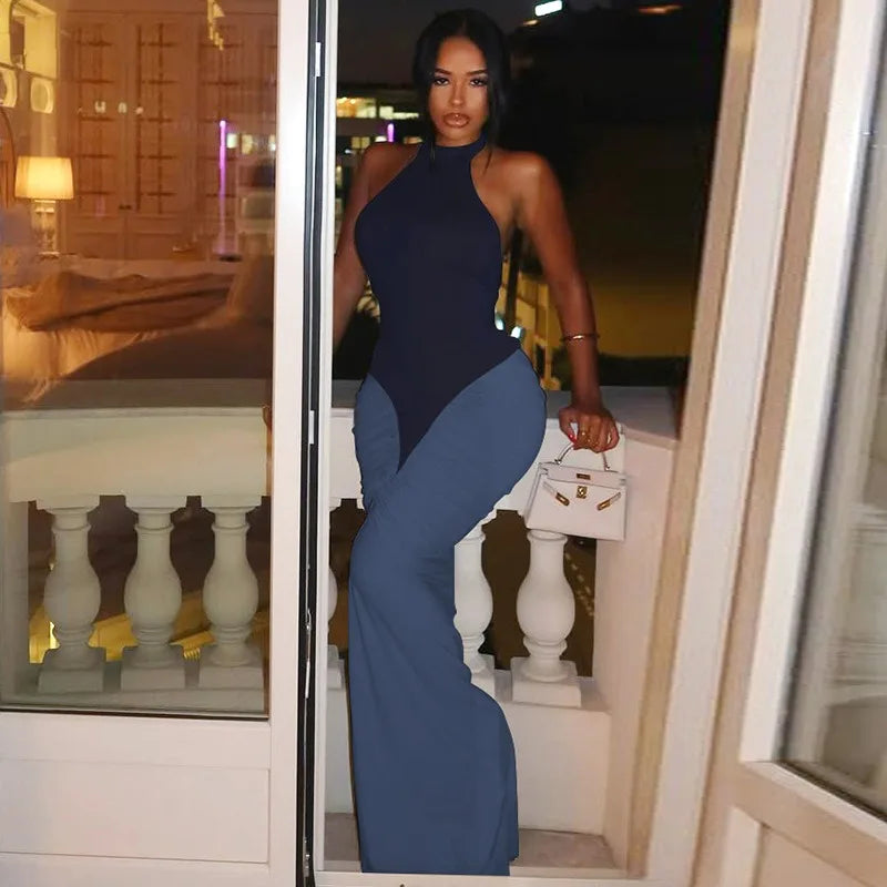 BOOFEENAA Patchwork Halter Backless Maxi Dress for Dinner Evening Gown Sexy Elegant Party Dresses for Woman Fall 2025 C15-CH41