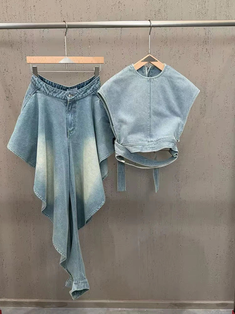 Women Jeans Two Piece Set Sexy Sleeveless Lace-up Top + Panelled Denim Jeans Suits Evening Cocktail Sets