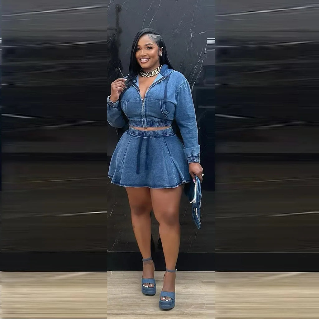 New TS1325 Women's Casual Washed Denim Short Skirt Set Fashionable Autumn Season Leisure Style Unisex Work Uniform Student Sc...