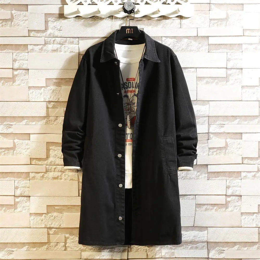 High Street Men's Trench Coat M-5XL Long Style Washed Retro Blue Black Denim Jacket Vintage Outerwear for Spring Autumn