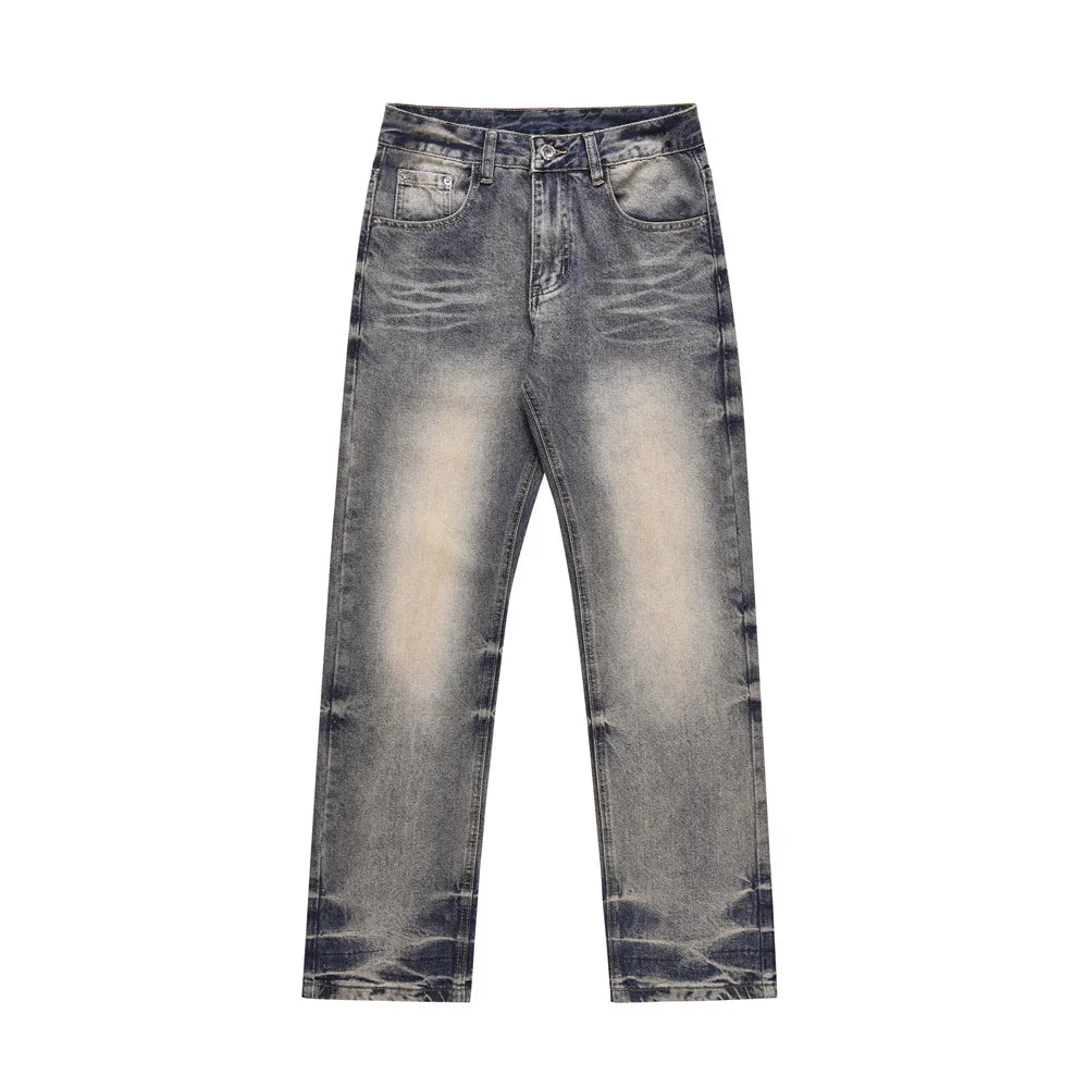Washed Distressed Blue Denim Pants Mens Autumn Winter Casual Streetwear Straight-leg Jeans Men
