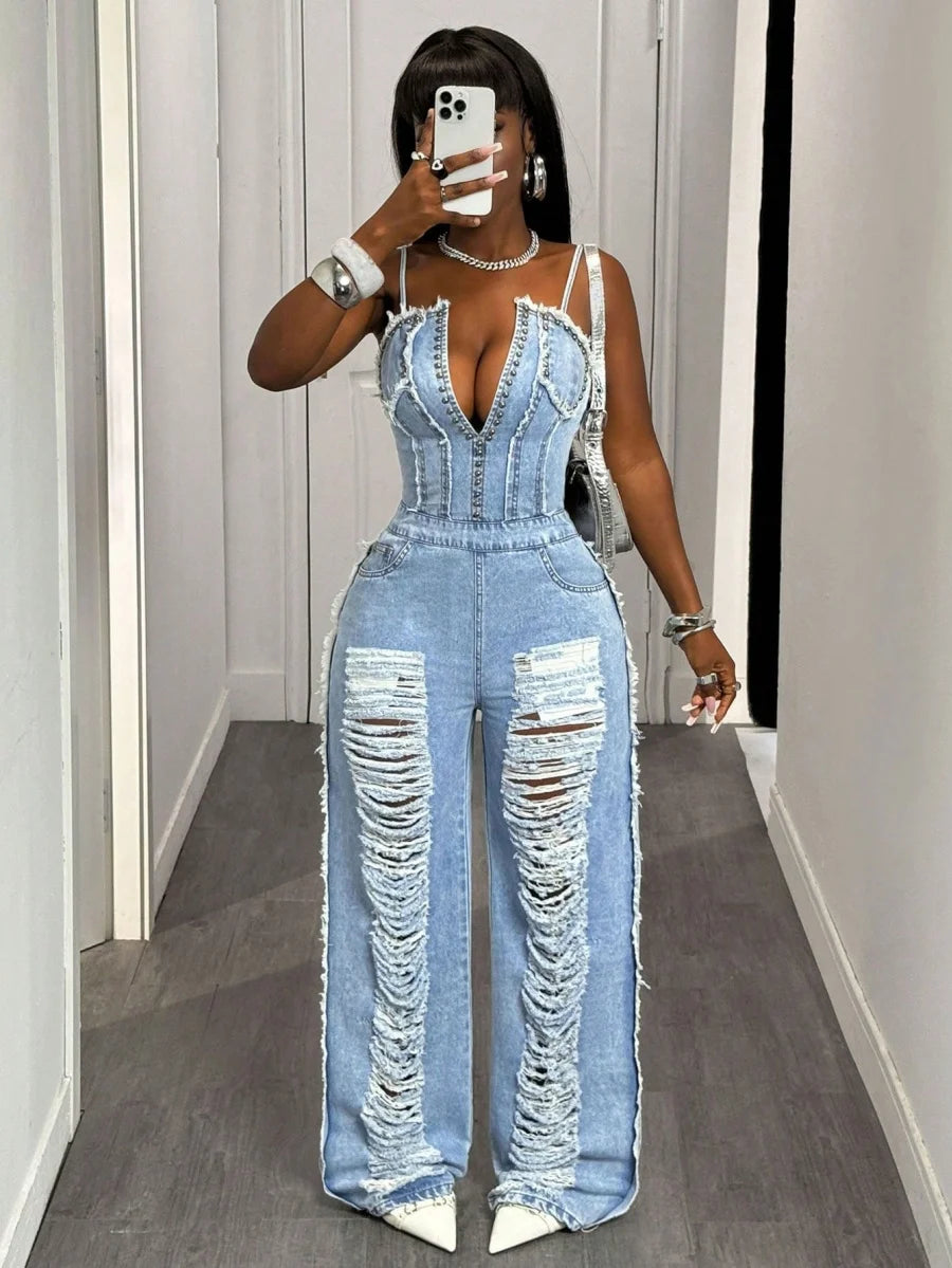 Benuynffy Sexy Spaghetti Strap Denim Jumpsuit Women Streetwear High Waist Backless Zipper Ripped Straight Leg Jeans Jumpsuits