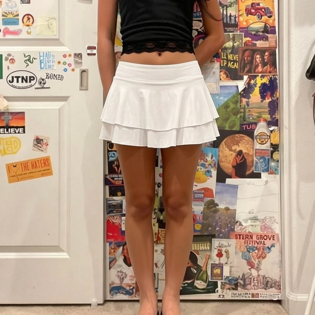 Xingqing y2k Mini Skorts Summer Women Clothing Solid Color Ruched Elastic Waist Ruffle Skirt with Shorts 2000s Club Streetwear