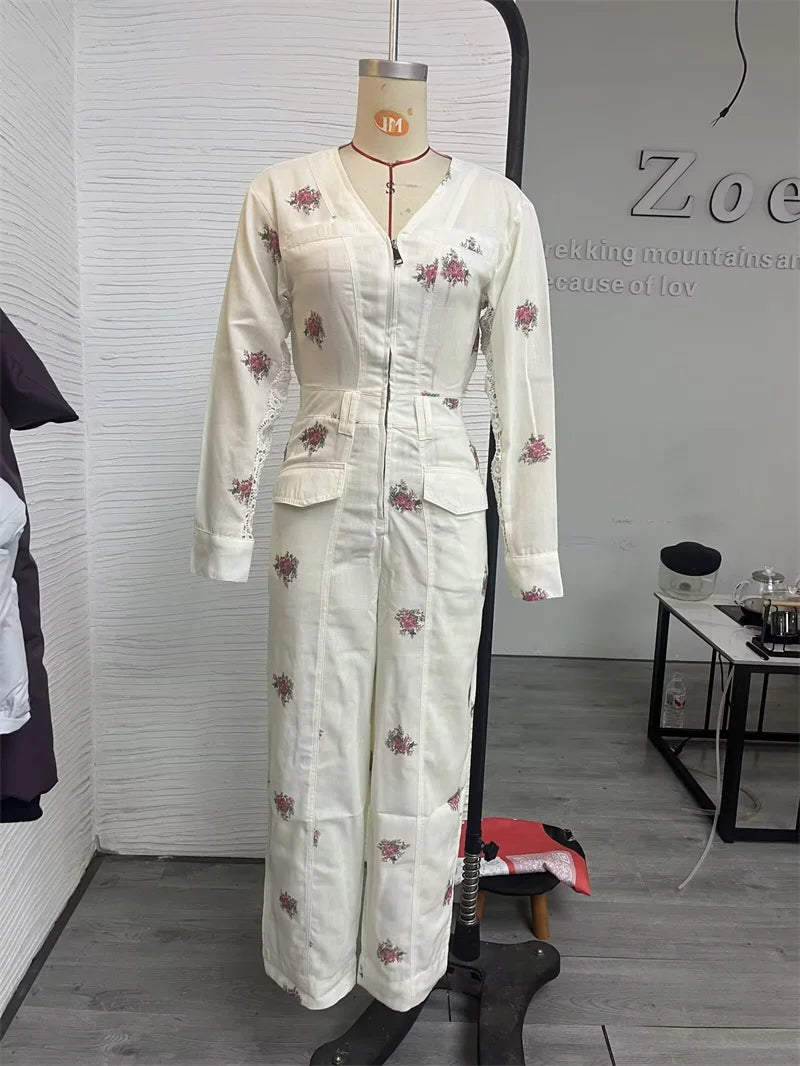 Guobioziy Women's Jumpsuit 2026 Early Fall New Arrival Fashionable Printed Long-Sleeve V-Neck Zipper Elastic Waist Jumpsuit