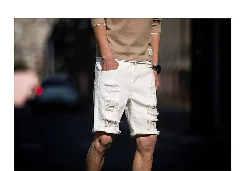 Men's Fashion Denim Shorts Summer Ripped Casual Denim Knee Length Solid Jeans Shorts White Classic Jeans Shorts Y2k Streetwear
