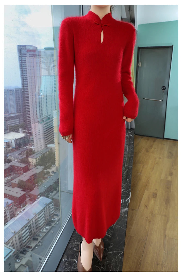 Women' 100%Pure Mink Cashmere Dress Stand-Up Collar Buckle Slim Knit Long Skirt Fashion High Waist Over The Knee Bottoming Dress