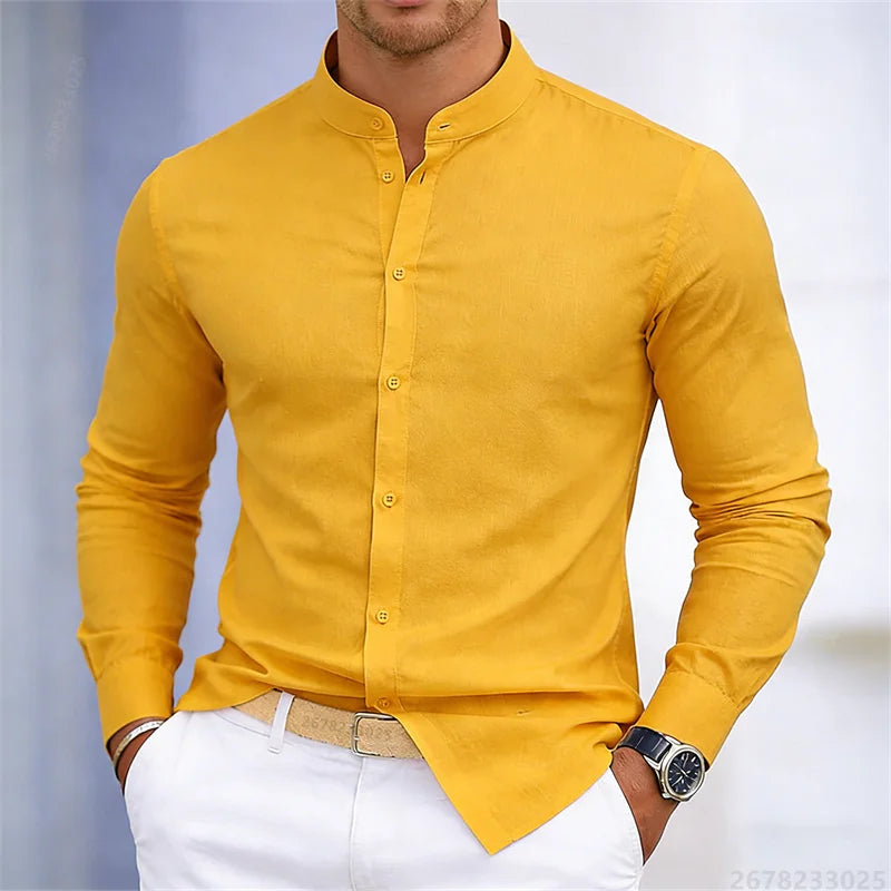 Men's stand-up collar white or black long-sleeved shirt, solid color shirt, slim fit business casual men's top, sizes XS-6XL.
