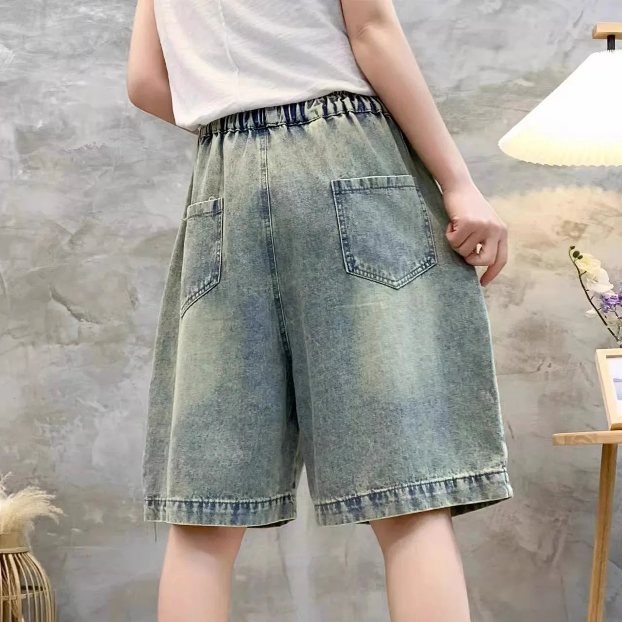 Retro Distressed Embroidered Denim Shorts Women's Loose Wide Leg Pants High Waist Blue Thin Summer New Style Fashionable