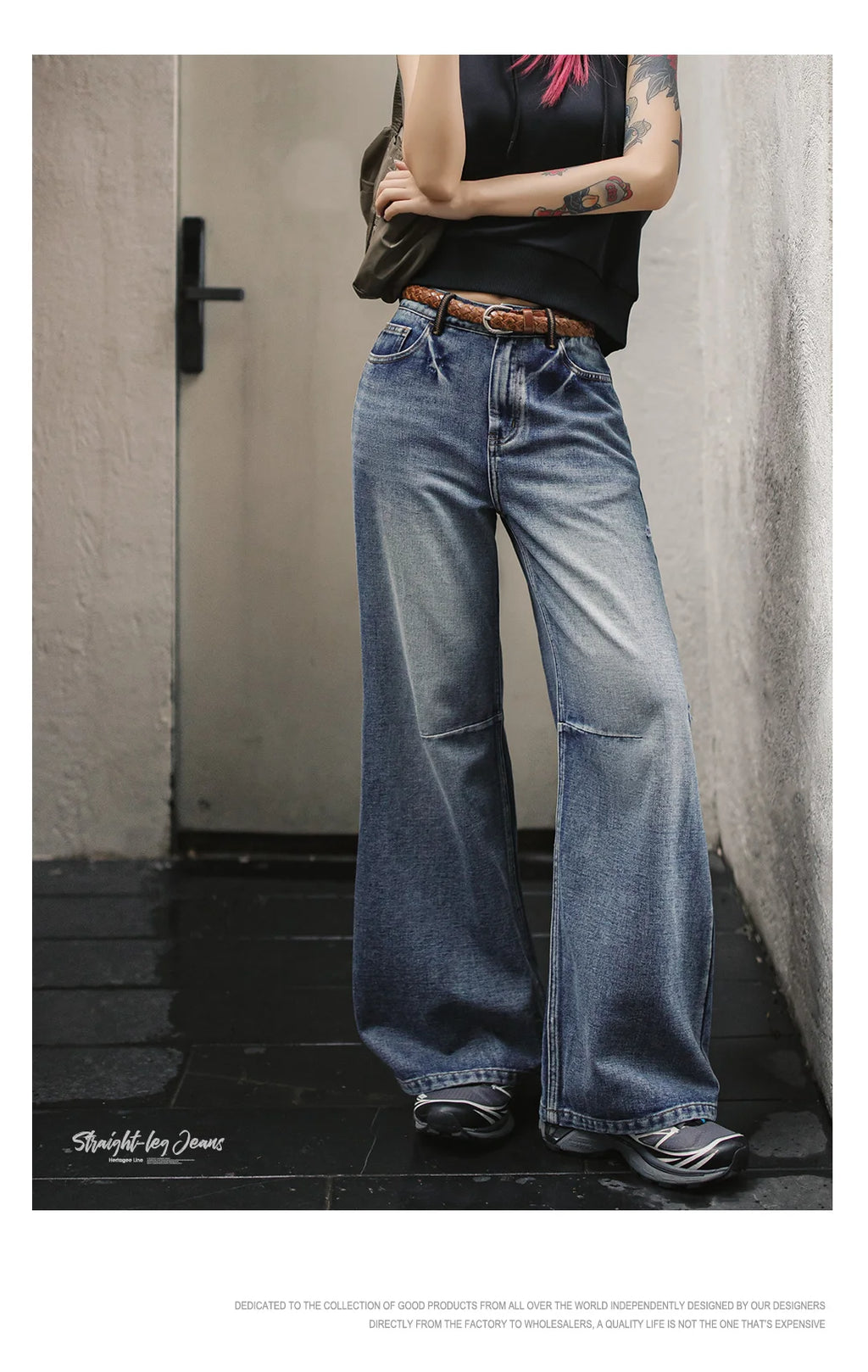 Maden Women's Vintage Low Waist Denim Jeans Heavyweight Washed Casual Long Pants with YKK Zipper for Spring and Autumn